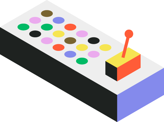 3D isometric illustration of a control panel with colorful buttons and an orange joystick, representing a centralized CRM dashboard and administrative controls.