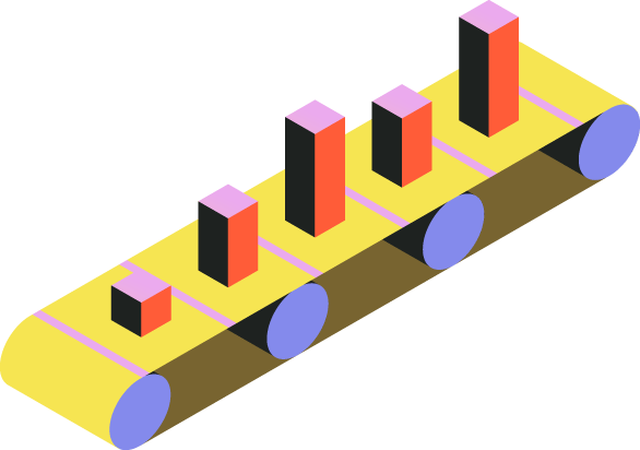 Isometric graphic of a conveyor belt processing data blocks, illustrating CRM automation and lead nurturing.