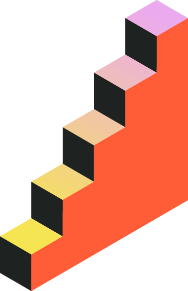 A colorful stepped graphic showing upward momentum, representing a lead moving through the different stages of a CRM sales pipeline.